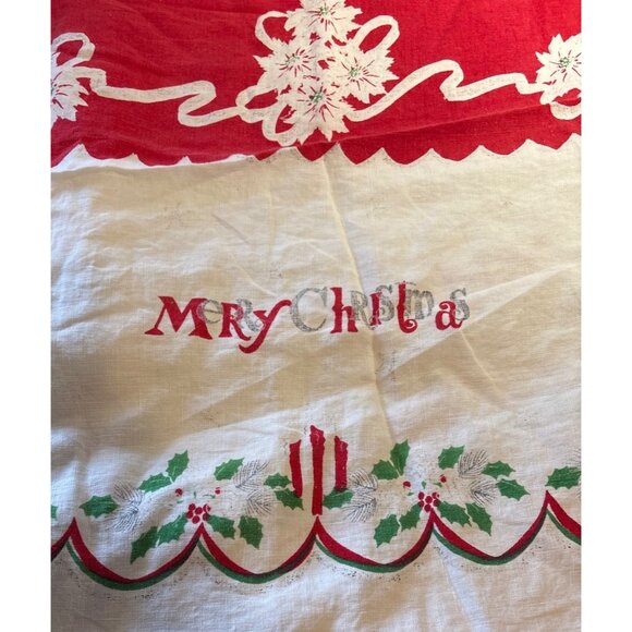 Vtg Christmas Tablecloth Round Red White Merry Christmas Candles Holly Tree 56" - Picture 7 of 12